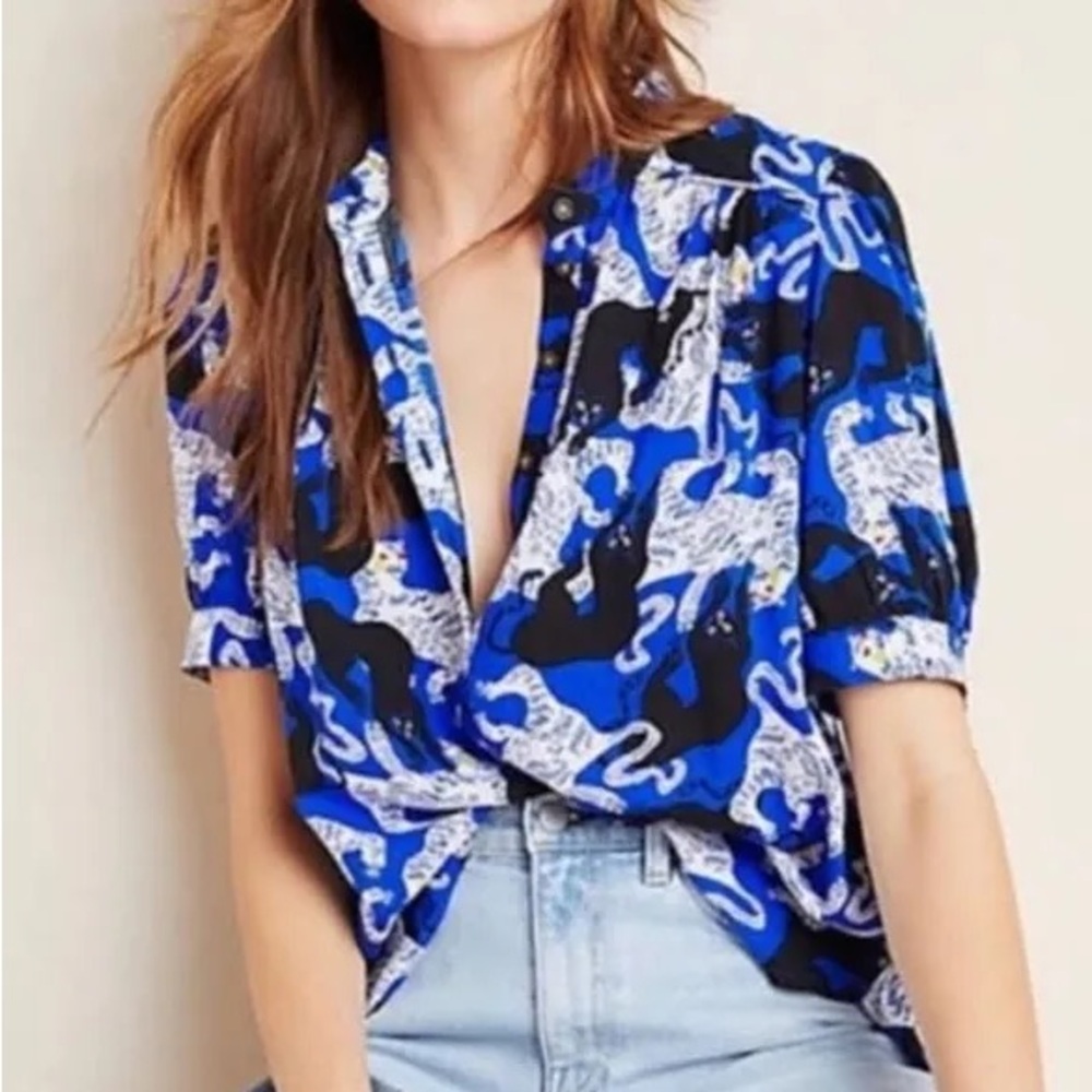 Art of Anthropolgie Emily Isabella All Over Print Cats Button Up Shirt. Preowned